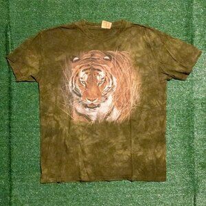 VINTAGE 1999 THE MOUNTAIN MENS T SHIRT TIGER FACE GREEN BOB HENLEY SIZE XXL